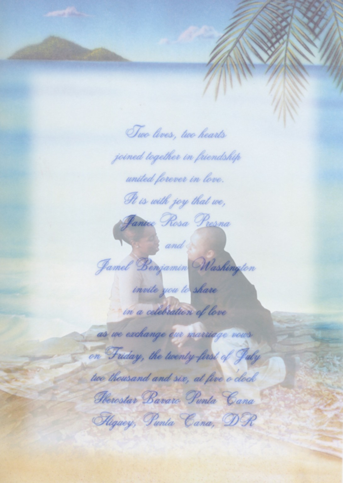 Wedding invitation for Janice Rosa Prensa and Jamel Benjamin Washington, July 21, 2006, Punta Cana, Dominican Republic